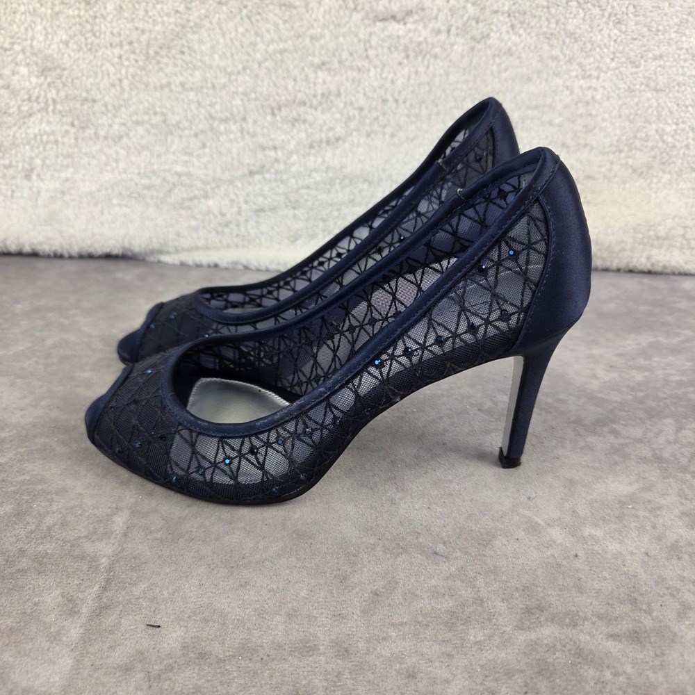 Adrianna Papell Navy Blue Satin Mesh Rhinestone Peep Toe Stiletto Heels 6M